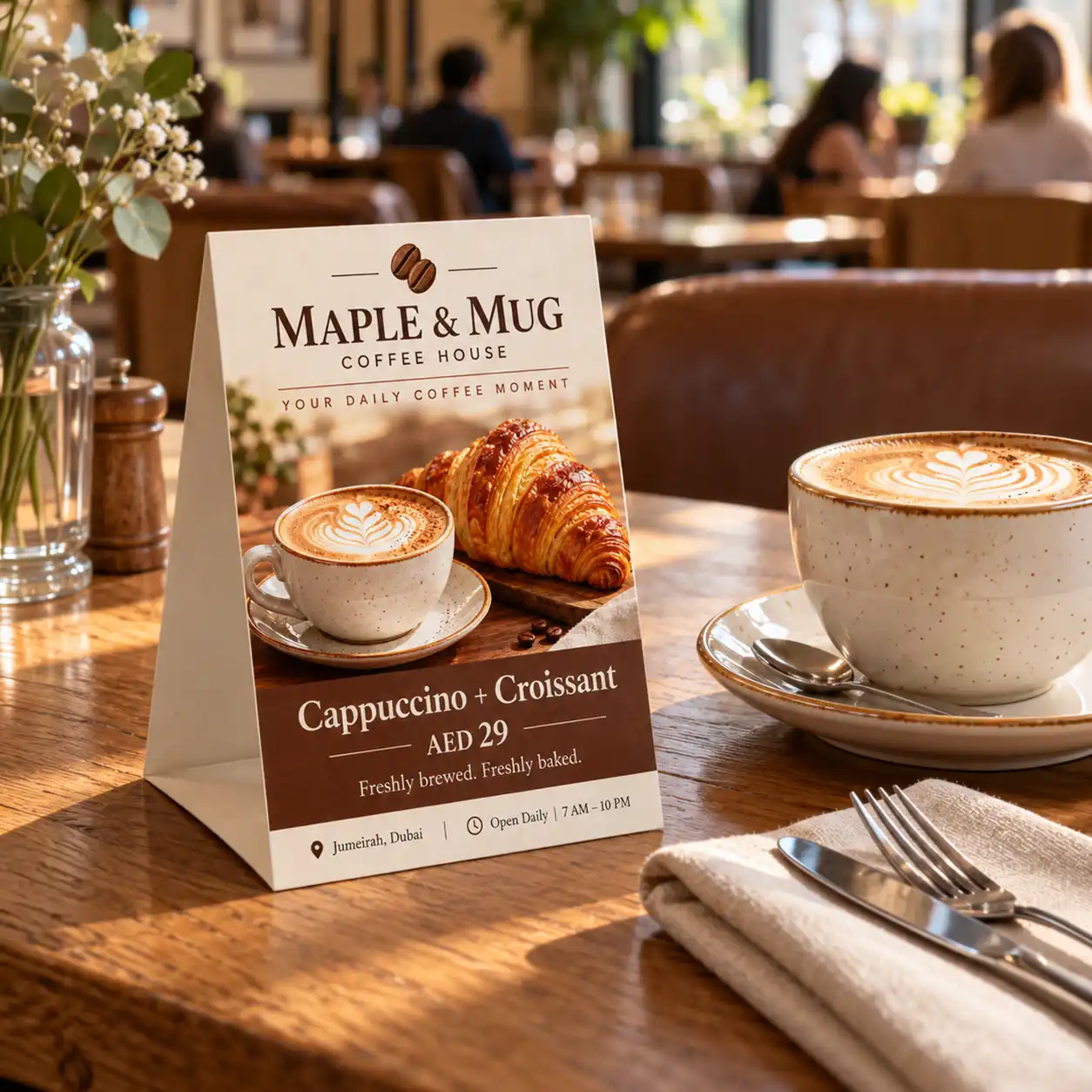Tent-card-cafe Maple & Mug promotional tent card on a wooden café table beside a cappuccino, with a softly blurred restaurant background.