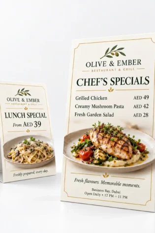 Two custom printed restaurant table talkers featuring Olive & Ember menu specials on a white background.