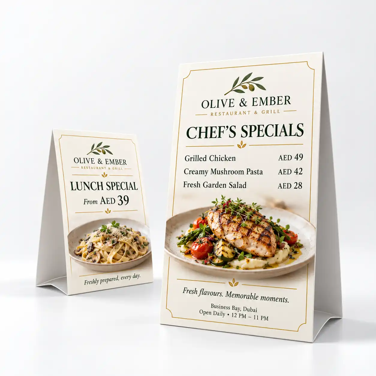 Tent-card-wecare-advertising Two custom printed restaurant table talkers featuring Olive & Ember menu specials on a white background.