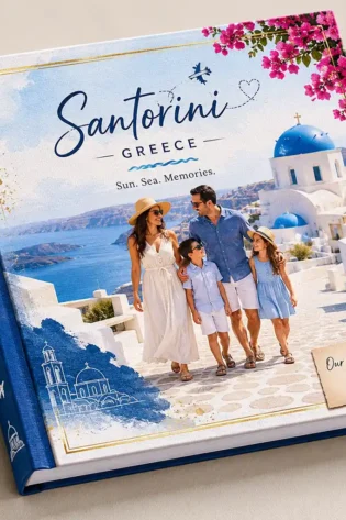 Custom hardcover family travel photo book featuring a Santorini, Greece holiday cover.