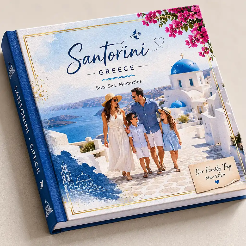 photobook-family-trip Custom hardcover family travel photo book featuring a Santorini, Greece holiday cover.