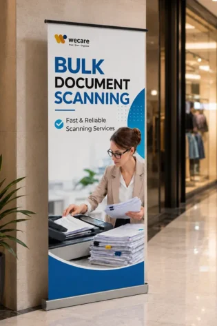 Custom roll-up banner promoting bulk document scanning services displayed in a modern shopping mall.