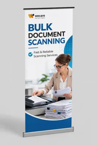 Freestanding roll-up banner advertising fast and reliable bulk document scanning services.