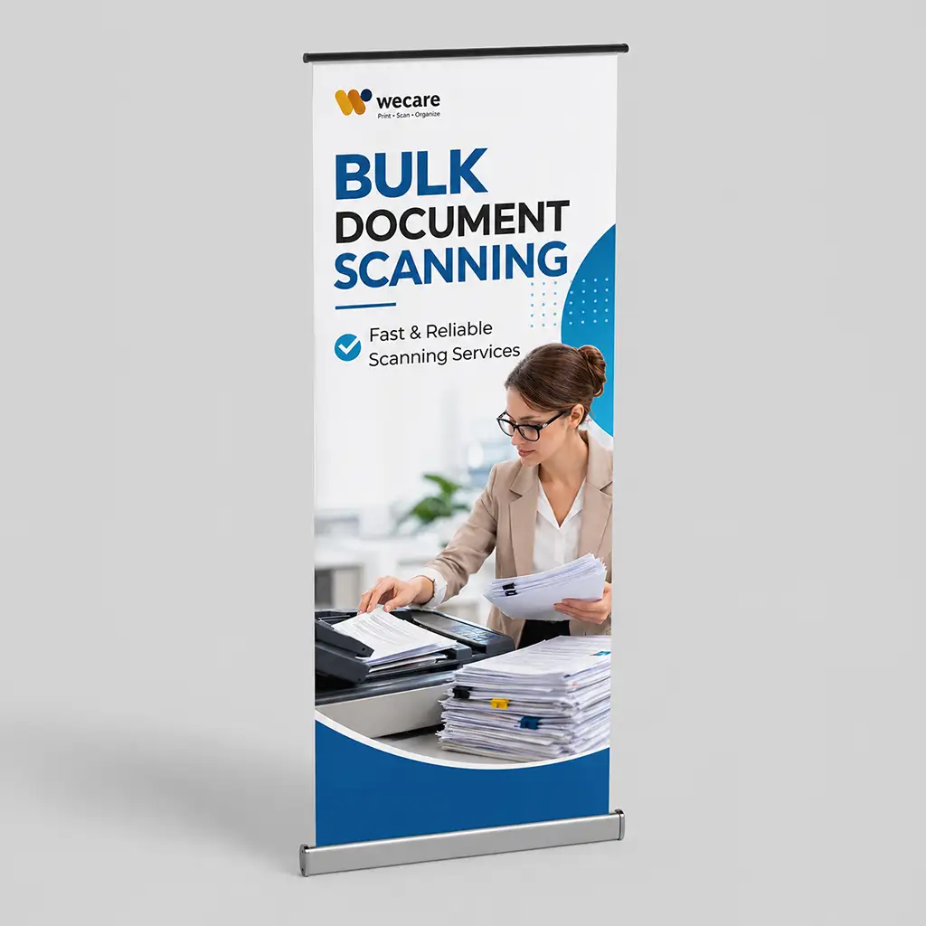 roll-up-banner Freestanding roll-up banner advertising fast and reliable bulk document scanning services.