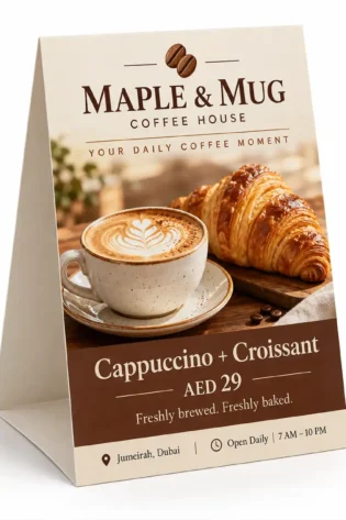 Maple & Mug café tent card displaying a cappuccino and croissant offer, viewed at an angle showing the folded side.