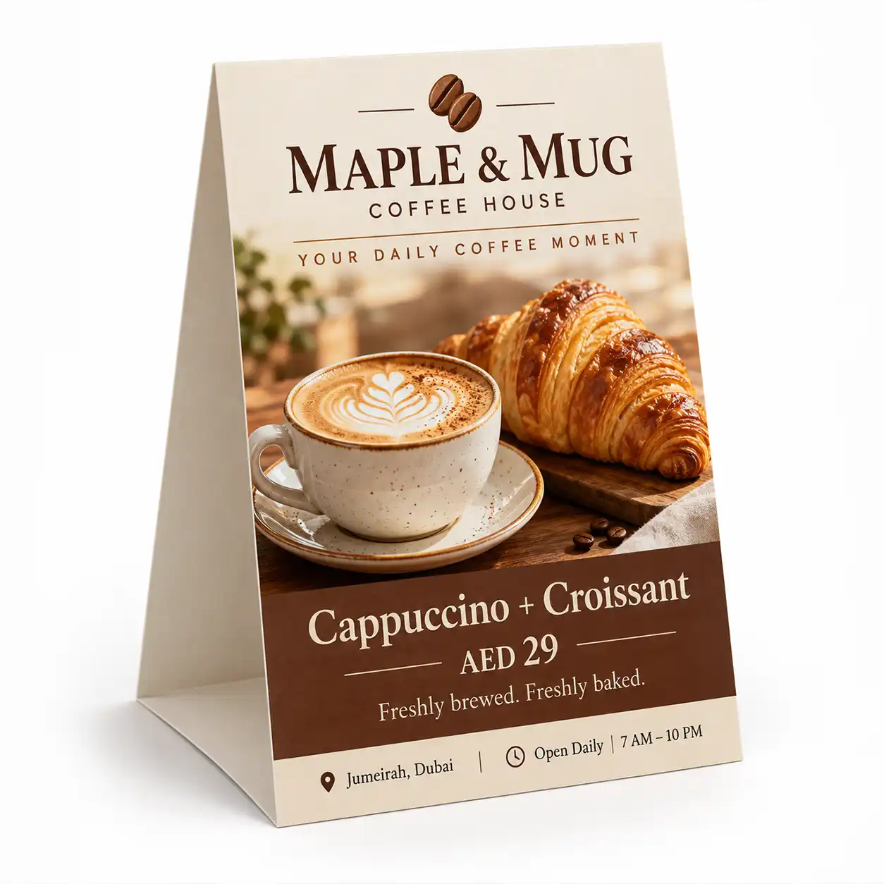 tent-card-table-talker Maple & Mug café tent card displaying a cappuccino and croissant offer, viewed at an angle showing the folded side.