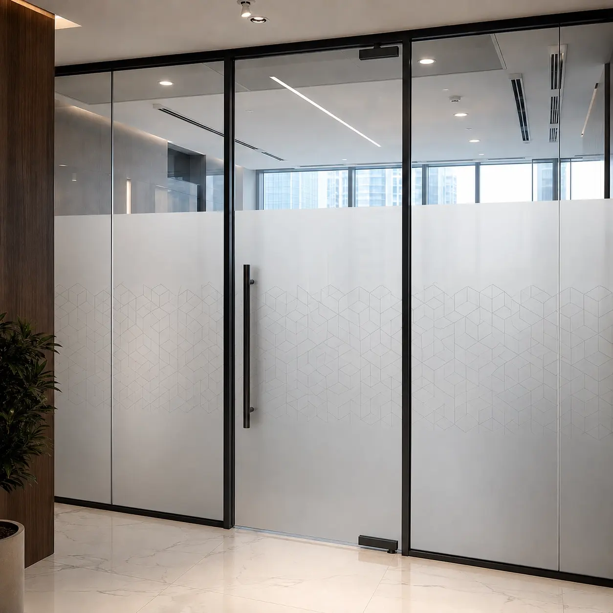 frosted-glass Frosted glass office partition with a subtle geometric pattern and black framing.