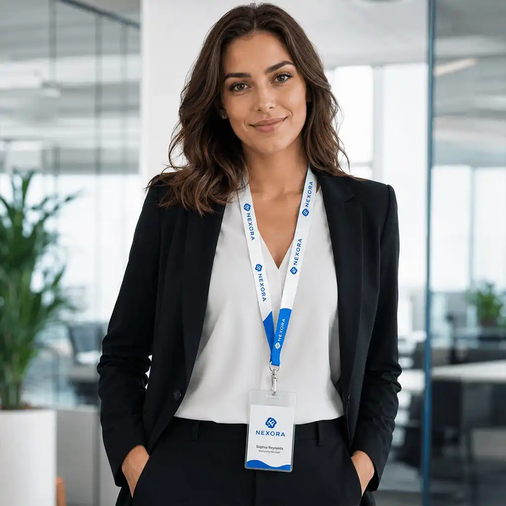 lanyard Businesswoman wearing a custom Nexora-branded lanyard and employee ID badge in a modern office.