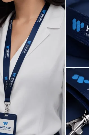 Close-up of a custom navy-blue printed lanyard with the Wecare Printing Solutions logo, metal clip and ID card holder.