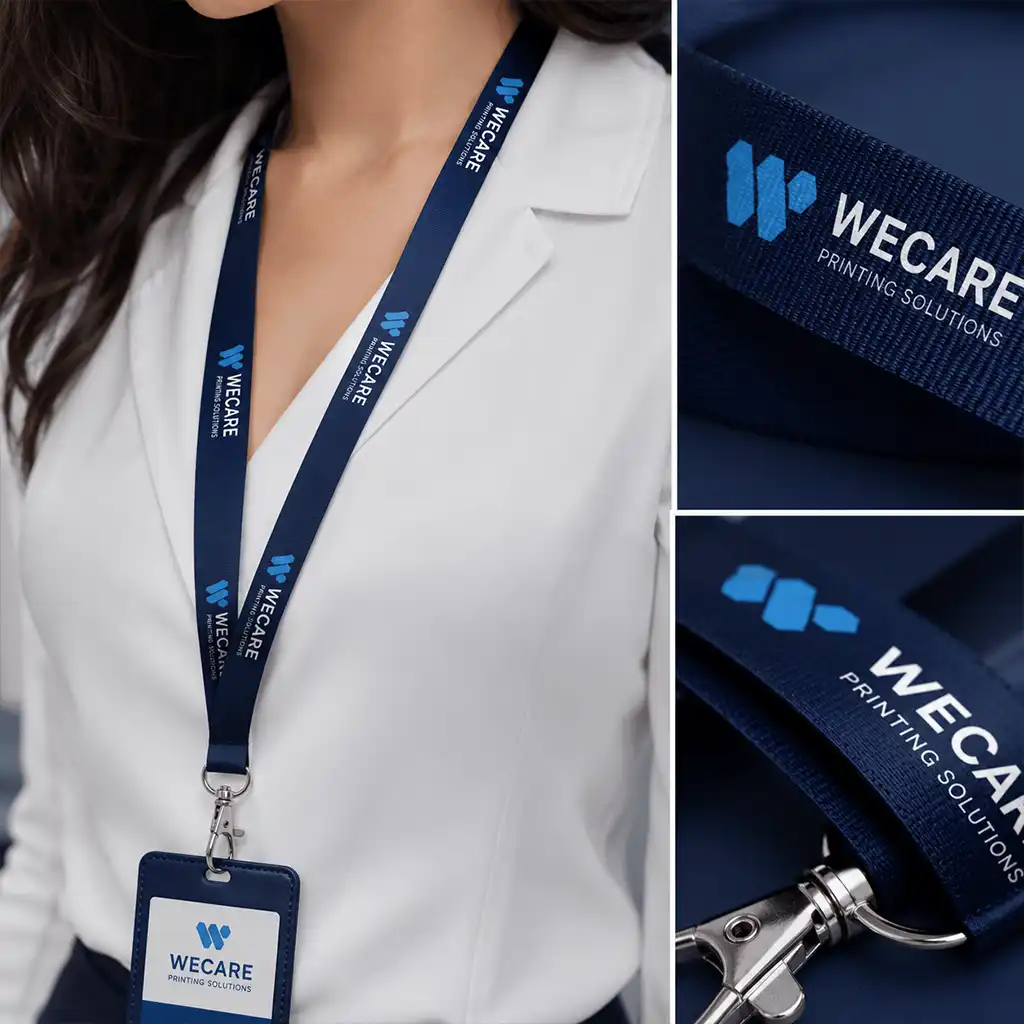 lanyardss Close-up of a custom navy-blue printed lanyard with the Wecare Printing Solutions logo, metal clip and ID card holder.