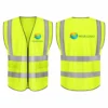 Front and back views of a neon yellow high-visibility safety vest with silver reflective strips and custom logo printing.