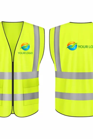 Front and back views of a neon yellow high-visibility safety vest with silver reflective strips and custom logo printing.