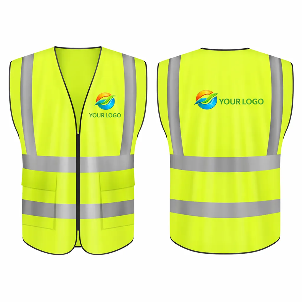 safety-jacket Front and back views of a neon yellow high-visibility safety vest with silver reflective strips and custom logo printing.