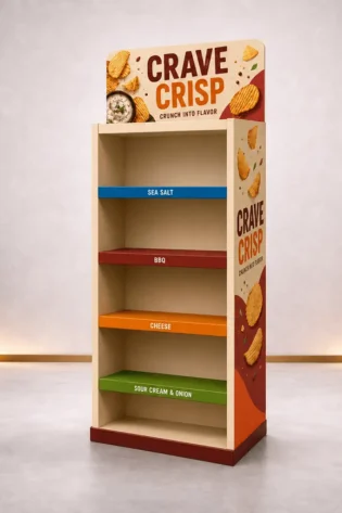Right-angle view of a custom printed POS display stand featuring branded side panels, promotional header and product shelves.