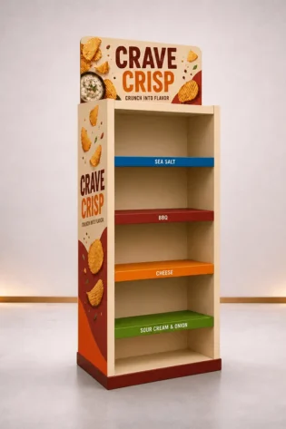 Left-angle view of a freestanding custom POS display unit with printed side graphics, branded header and colour-coded shelves.