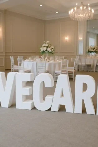 Large freestanding white 3D letters spelling “WECARE” displayed in an elegant indoor event venue.