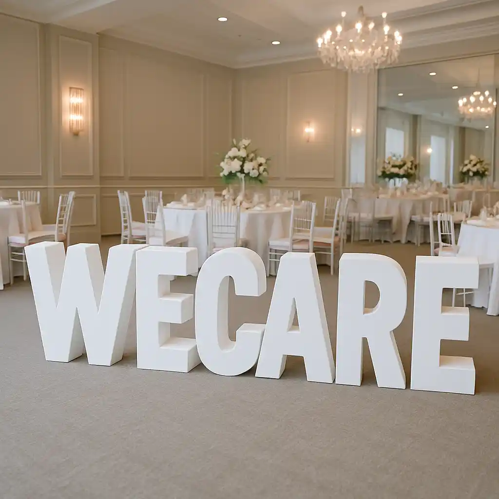 event-letters-for-indoor-use Large freestanding white 3D letters spelling “WECARE” displayed in an elegant indoor event venue.