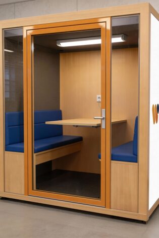 Wecare QuietSpace Quad 4-person office meeting pod with acoustic enclosure and built-in table for private office discussions.
