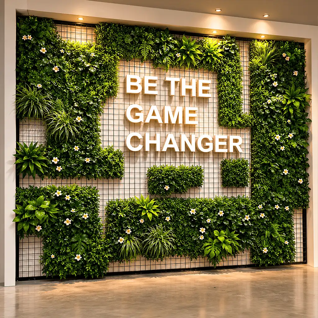 Backdrop-with-Custom-Text-Artificial-Grass Front view of a custom artificial grass wall backdrop with floral greenery and 3D branded text.