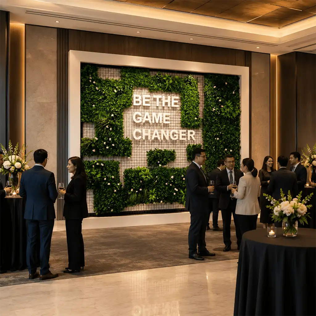 Backdrop-with-Custom-Text-Artificial-Grass-People Corporate event featuring a custom artificial grass photo backdrop with branded 3D lettering.