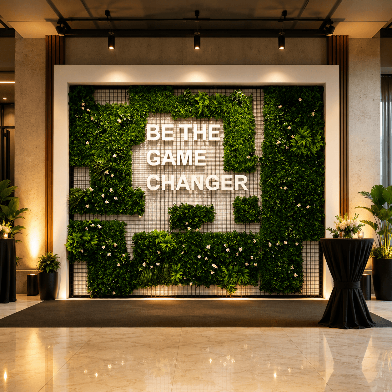 Backdrop with Custom Text & Artificial Grass Venue