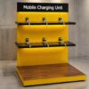 PowerHub Lite mobile charging station with 6 charging ports, featuring a modern yellow and black design, cable management shelves, and multi-device phone charging for offices and public spaces.