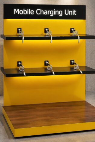 PowerHub Lite mobile charging station with 6 charging ports, featuring a modern yellow and black design, cable management shelves, and multi-device phone charging for offices and public spaces.
