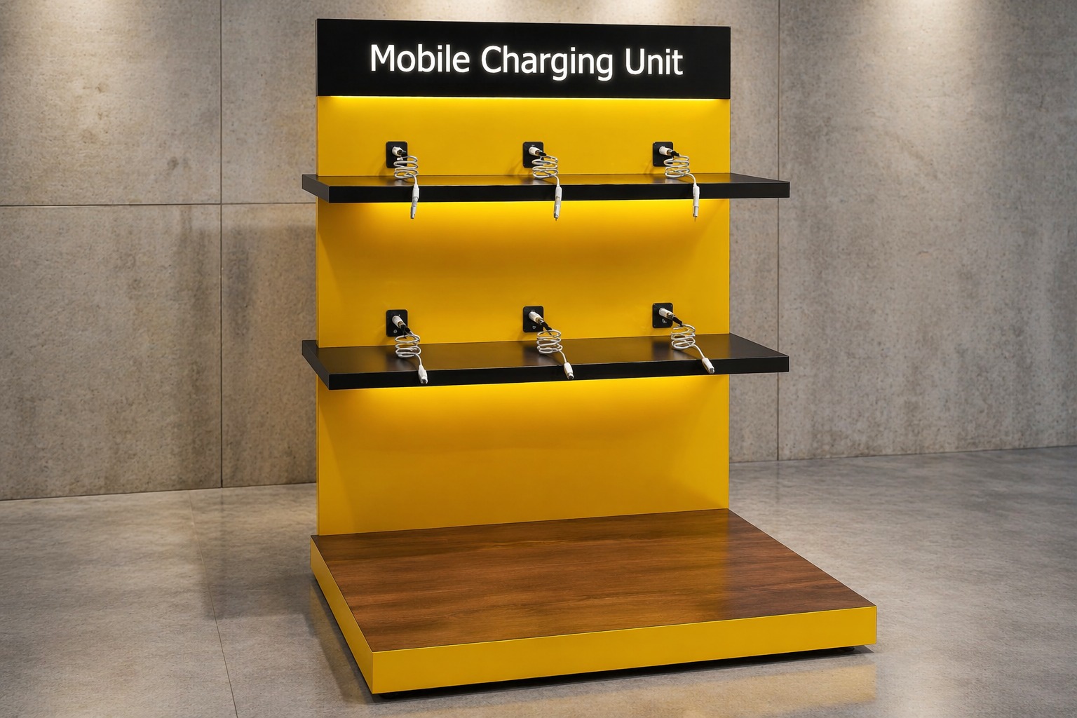 Powerhub_Mini_Charging_Station PowerHub Lite mobile charging station with 6 charging ports, featuring a modern yellow and black design, cable management shelves, and multi-device phone charging for offices and public spaces.