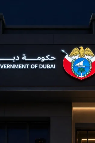 7cm thick aluminium frontlit Government of Dubai signage in Dubai with illuminated logo on building facade