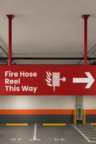 Double-sided hanging wayfinding signage in Dubai for parking area fire hose reel direction sign