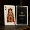 Custom Queen of Hearts playing card beside a personalised black and gold poker card back with company logo.