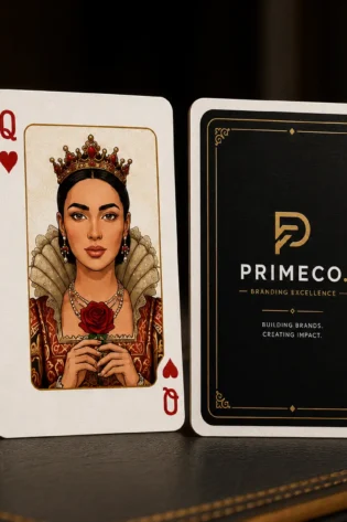 Custom Queen of Hearts playing card beside a personalised black and gold poker card back with company logo.