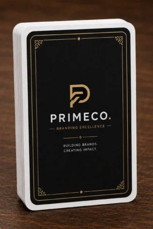 Custom poker card deck with a black and gold branded back design featuring a company logo and slogan.
