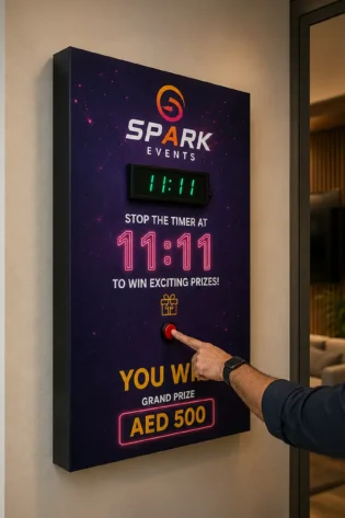 Custom wall mounted timer challenge game with LED display and push button