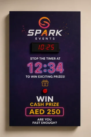 Front view of custom wall mounted reaction timer challenge game for events