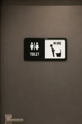 Black acrylic toilet door sign showing In Use with male-female washroom symbols