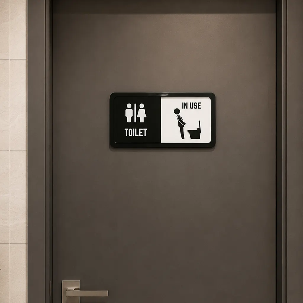 toilet-sliding-sign-in-use Black acrylic toilet door sign showing In Use with male-female washroom symbols