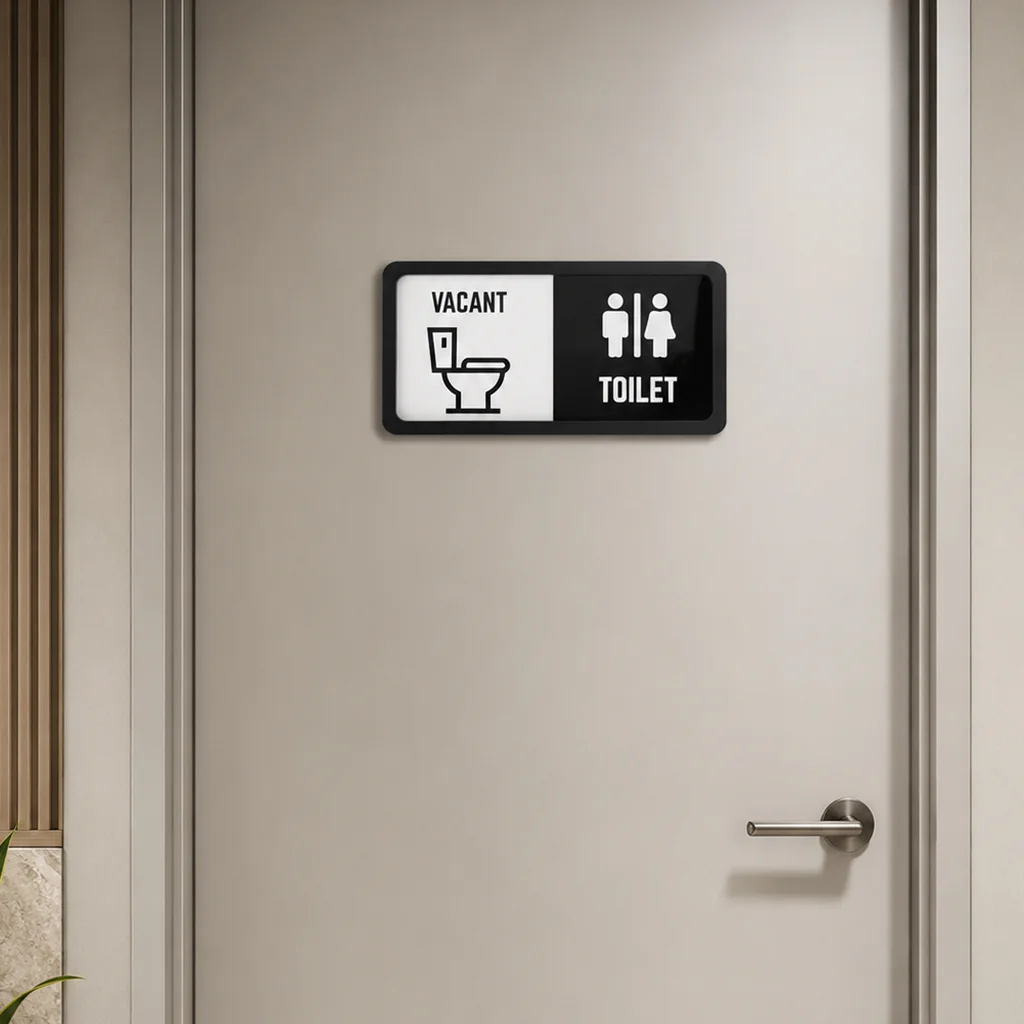 toilet-sliding-sign-vacant Black acrylic bathroom sign mounted on a washroom door showing Vacant with toilet and male-female icons