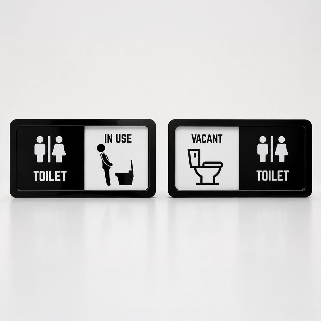 toilet-sliding-sign Acrylic bathroom occupancy sign displaying In Use and Vacant sliding indicator options