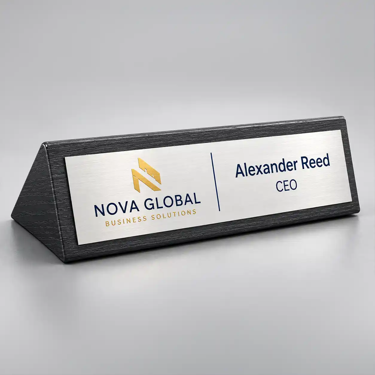 Black Wooden Desk Name Plate-hero Black wooden finish acrylic desk name plate with a silver plate featuring a UV-printed name, designation and company logo