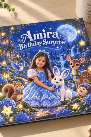 Personalized hardcover birthday storybook featuring a child and animal friends in a magical forest