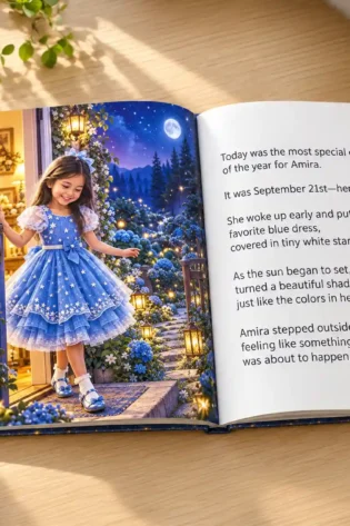 Open birthday storybook showing Amira receiving a glowing rabbit charm from her forest friend Lumi