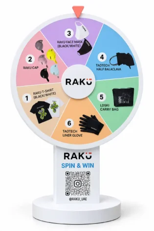 RAKU branded prize wheel with six pastel sections, a white stand and a circular base