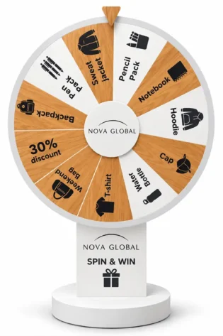 branded prize wheel with six pastel sections, a white stand and a circular base
