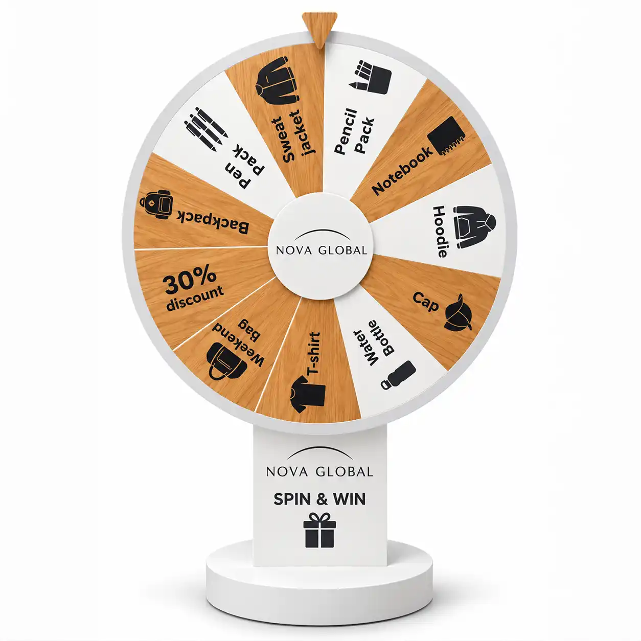 spin-the-wheel-with-base-nova branded prize wheel with six pastel sections, a white stand and a circular base