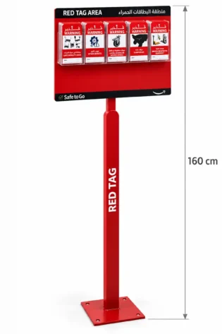 Freestanding 160 cm 5S Red Tag Station with five acrylic pockets and laminated tags