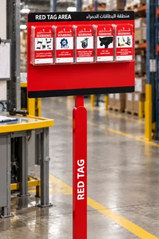 Freestanding 5S Red Tag Station beside a warehouse equipment inspection area