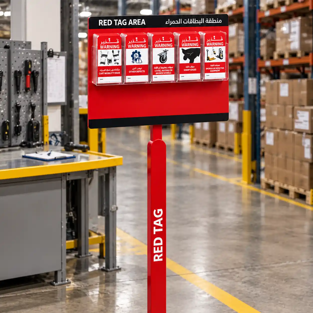 5s-red-tag-station-warehouse Freestanding 5S Red Tag Station beside a warehouse equipment inspection area