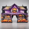 Purple haunted-house Halloween entrance arch with pumpkin graphics and a central doorway