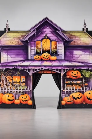 Purple haunted-house Halloween entrance arch with pumpkin graphics and a central doorway